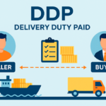 Infográfico ilustrando o modelo logístico Delivery Duty Paid (DDP), com o vendedor assumindo todos os custos até a entrega final ao comprador.