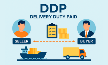 Infográfico ilustrando o modelo logístico Delivery Duty Paid (DDP), com o vendedor assumindo todos os custos até a entrega final ao comprador.