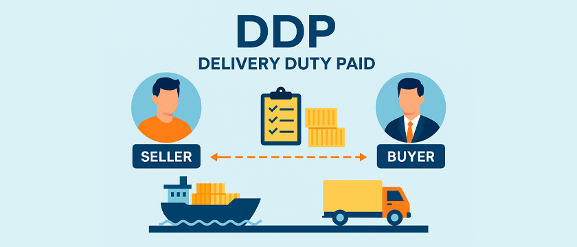 Infográfico ilustrando o modelo logístico Delivery Duty Paid (DDP), com o vendedor assumindo todos os custos até a entrega final ao comprador.
