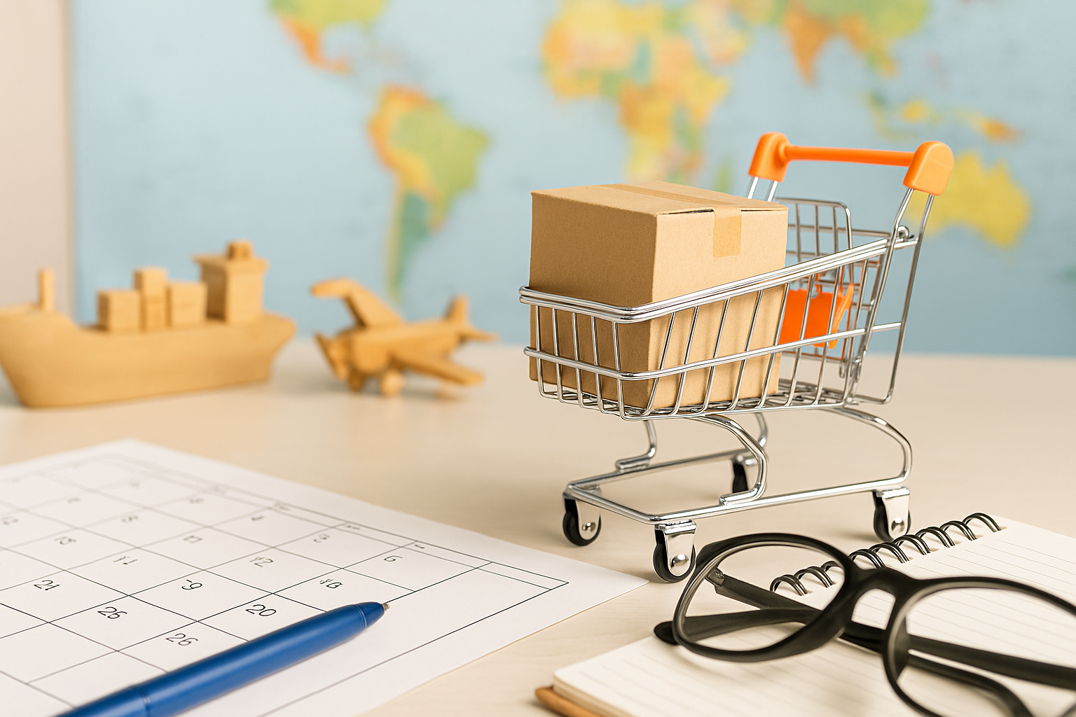 Carrinho de compras com caixa de papelão, miniaturas de navio e avião, calendário, caderno e óculos sobre mesa, representando planejamento de importação e logística internacional.
