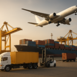 Operação logística internacional com navio cargueiro, avião, caminhão e empilhadeira em terminal portuário.