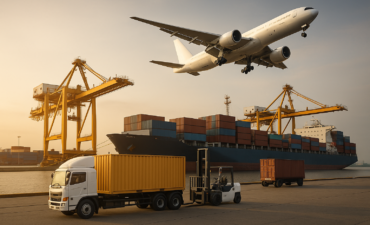 Operação logística internacional com navio cargueiro, avião, caminhão e empilhadeira em terminal portuário.