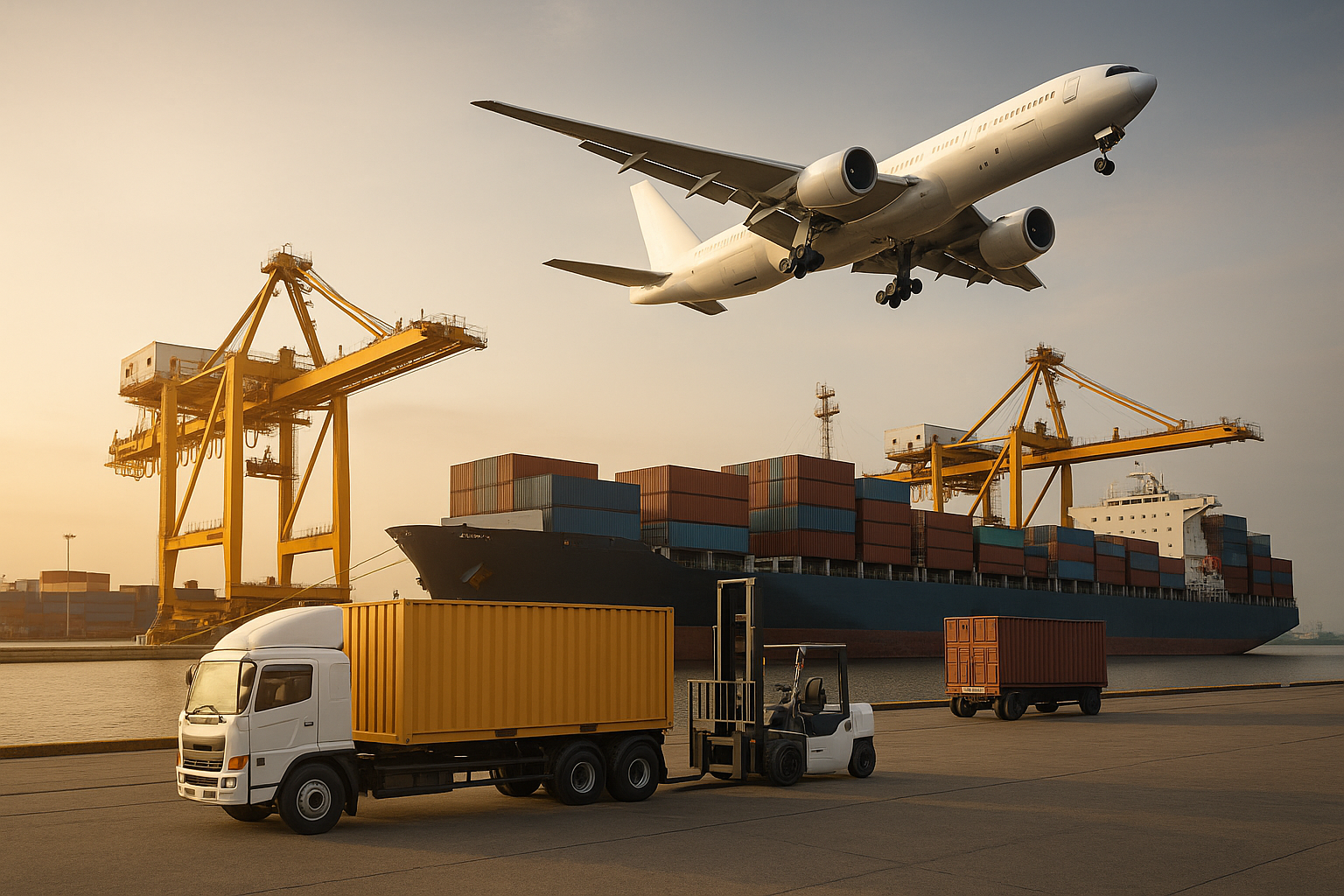 Operação logística internacional com navio cargueiro, avião, caminhão e empilhadeira em terminal portuário.