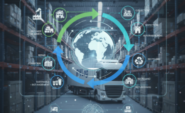 Diagrama do ciclo de Logística Reversa Estratégica com um armazém e caminhão RWLog no fundo, destacando etapas como coleta, inspeção, reparo, reciclagem e reinserção de produtos.