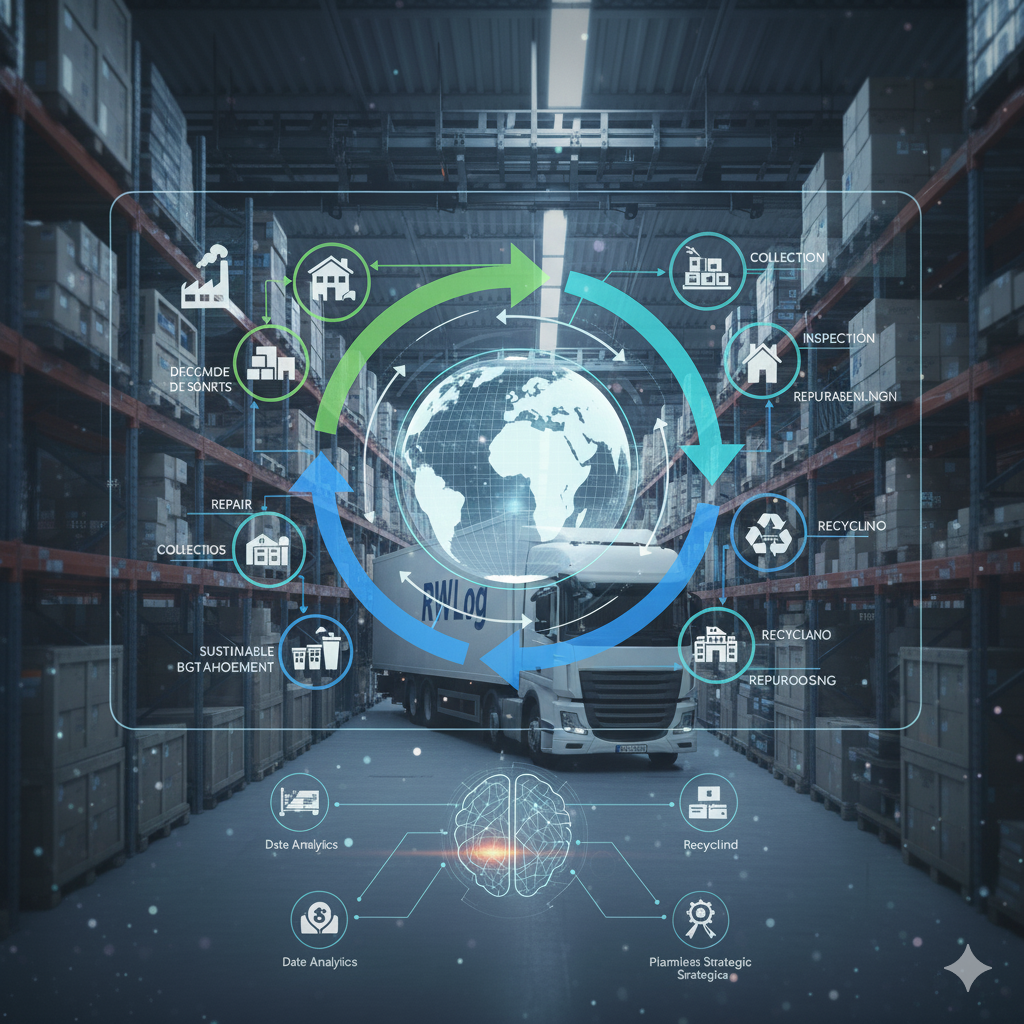 Diagrama do ciclo de Logística Reversa Estratégica com um armazém e caminhão RWLog no fundo, destacando etapas como coleta, inspeção, reparo, reciclagem e reinserção de produtos.