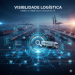 Imagem de tecnologia de rastreamento com ícones de logística sobre um porto de contêineres ao entardecer, incluindo um caminhão da RWLog e uma lupa global simbolizando a visibilidade total da carga.