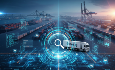 Imagem de tecnologia de rastreamento com ícones de logística sobre um porto de contêineres ao entardecer, incluindo um caminhão da RWLog e uma lupa global simbolizando a visibilidade total da carga.