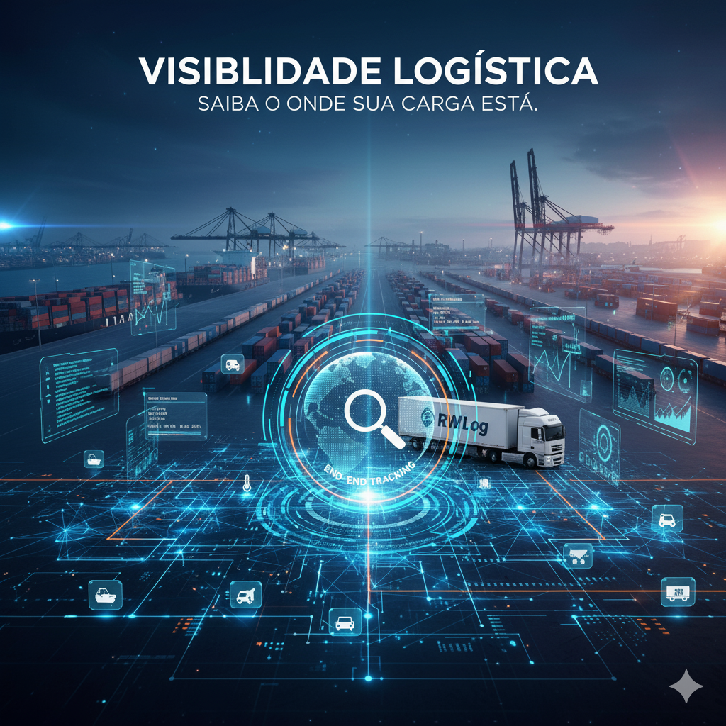 Imagem de tecnologia de rastreamento com ícones de logística sobre um porto de contêineres ao entardecer, incluindo um caminhão da RWLog e uma lupa global simbolizando a visibilidade total da carga.