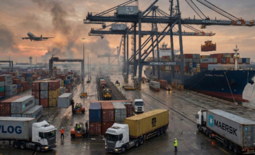 Cena hiper-realista de um terminal logístico intermodal ao entardecer. Navios, guindastes, trens e um avião decolando operam simultaneamente. Em primeiro plano, um caminhão transporta um contêiner com a logomarca da RWLog.