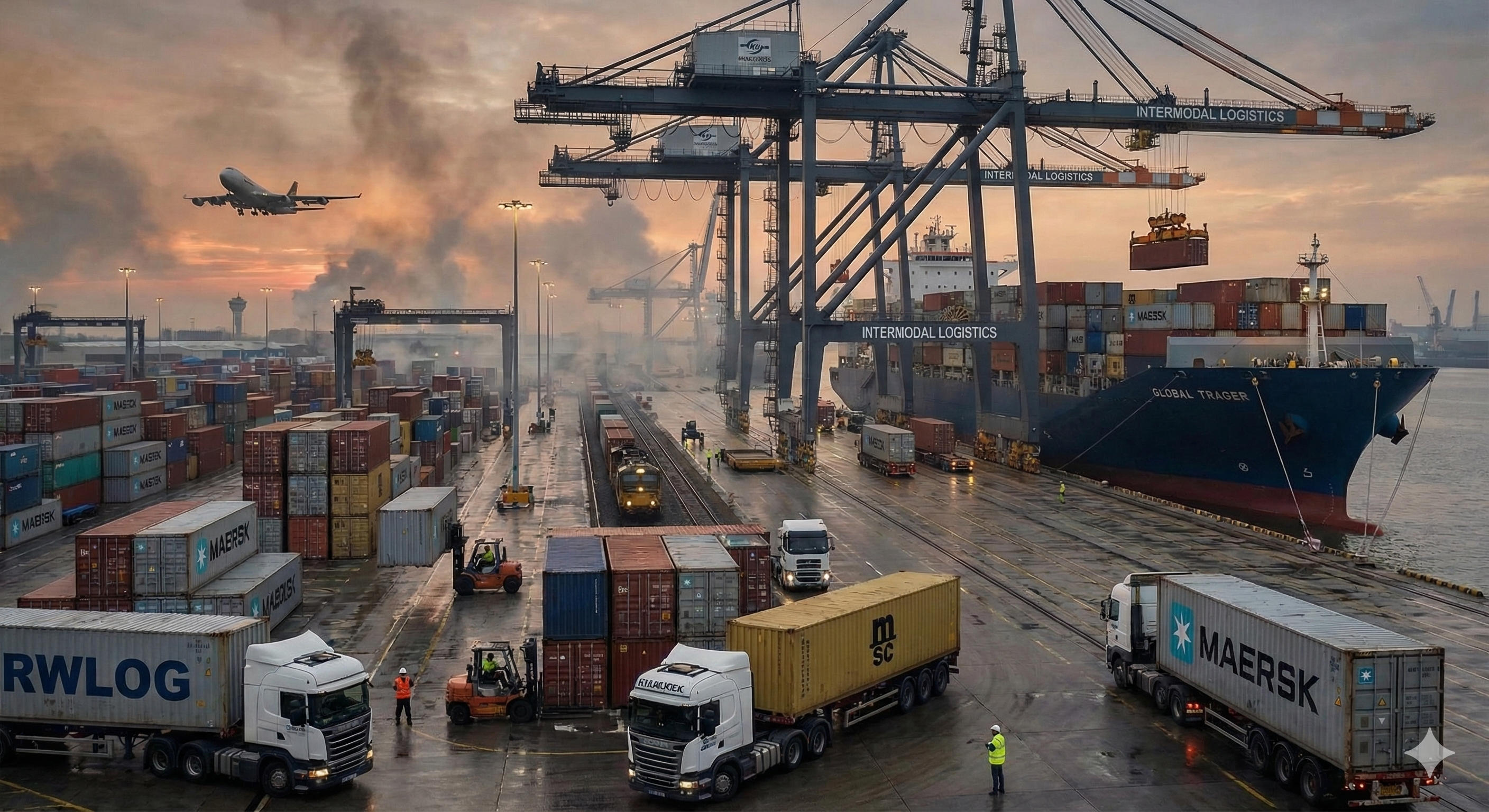 Cena hiper-realista de um terminal logístico intermodal ao entardecer. Navios, guindastes, trens e um avião decolando operam simultaneamente. Em primeiro plano, um caminhão transporta um contêiner com a logomarca da RWLog.